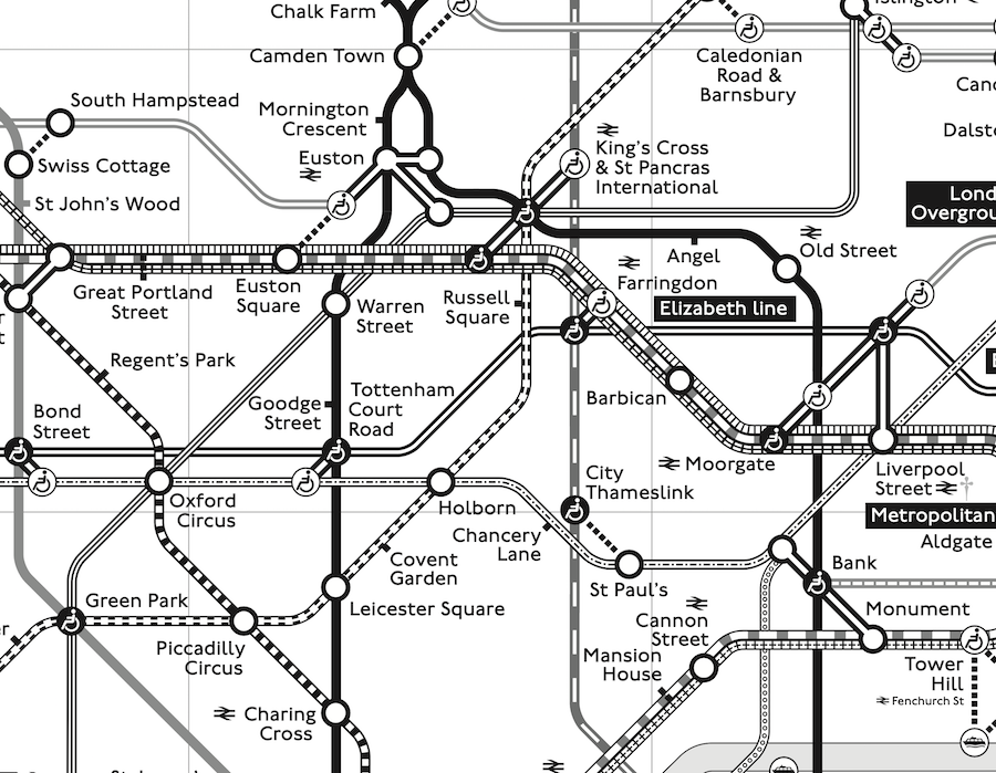 총 노선수 11개의 패턴을 달리해 구분하는 방식을 택한 런던 지하철 지도 흑백 버전.
