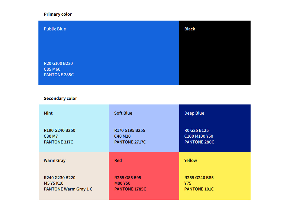 Primary color(Public Blue R20 G100 B220 C85 M60 PANTONE 285C, Black), Secondary color(Mint R190 G240 B250) C30 M7 PANTONE 317C, (Soft Blue R170 G195 B255) C40 M20 PANTONE 2717C, (Deep Blue R0 G25 B125) C100 M100 Y50 PANTONE 280C, (Warm Gray R240 G230 B220) M5 Y5 K10 PANTONE Warm Gray 1 C, (Red R255 G85 B95) M80 Y50 PANTONE 1785C, (Yellow R255 G240 B85) Y75 PANTONE 101C