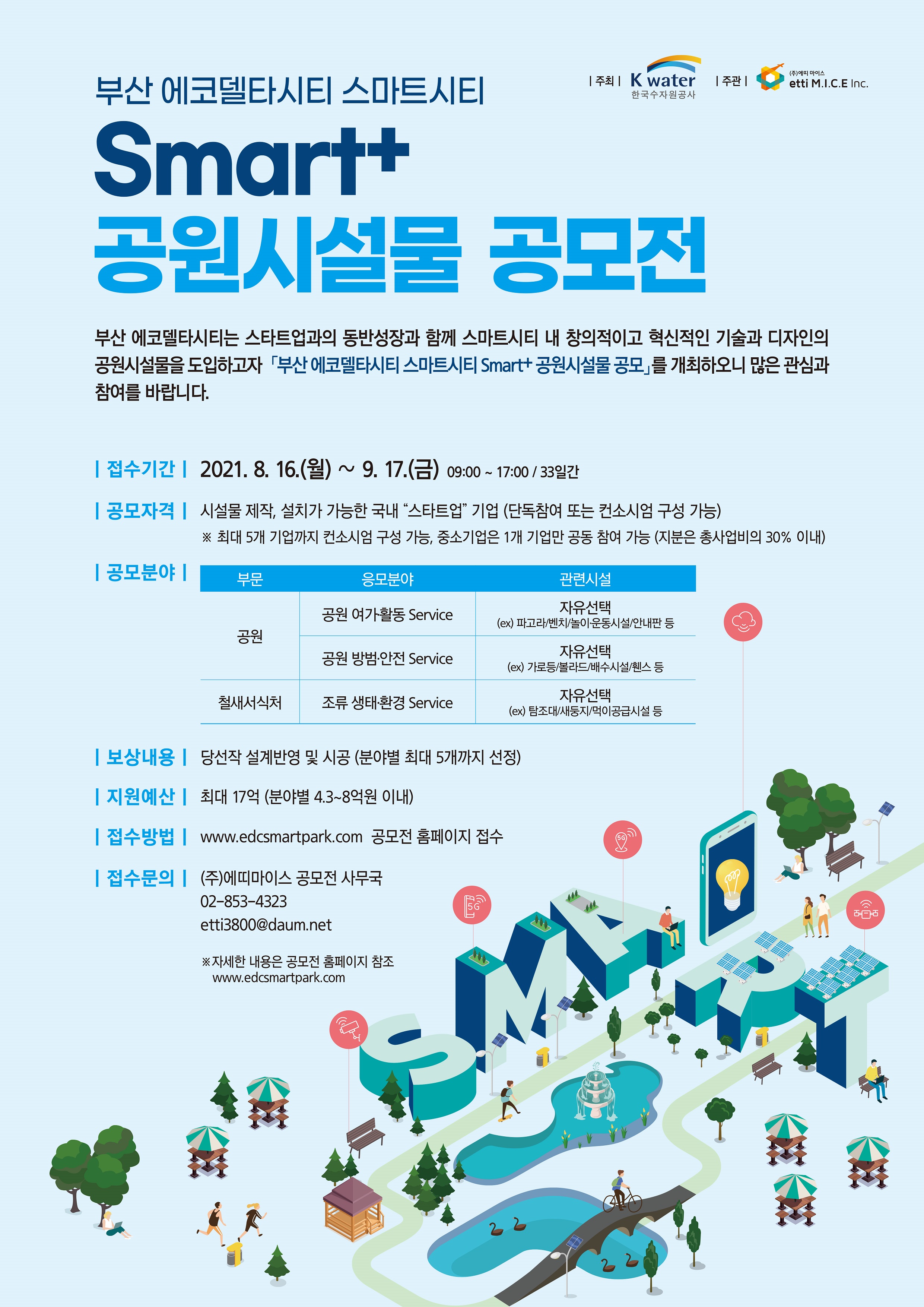 부산 에코델타시티 스마트시티, Smart+ 공원시설물 공모전 | 부산 에코델타시티는 스타트업과의 동반성장과 함께 스마트시티 내 창의적이고 혁신적인 기술과 디자인의 공원시설물을 도입하고자 「부산 에코델타시티 스마트시티 Smart+ 공원시설물 공모」를 개최하오니 많은 관심과 참여를 바랍니다.
주최 | K water 한국수자원공사
주관 | etti M.I.C.E Inc.
    접수기간 | 2021. 8. 16.(월) ~ 9. 17.(금) 09:00 ~ 17:00 / 33일간
    공모자격 | 시설물 제작, 설치가 가능한 국내 “스타트업 기업 (단독참여 또는 컨소시엄 구성 가능)
    ※ 최대 5개 기업까지 컨소시엄 구성 가능, 중소기업은 1개 기업만 공동 참여 가능 (지분은 총사업비의 30% 이내)
    공모분야
    부문:공원, 응모분야:공원 여가 활동 service, 관련시설:자유선택 (ex)파고라/벤치/놀이운동시설/안내판 등 
    부문:공원, 응모분야:공원 방범 안전 service, 관련시설:자유선택 (ex)가로등/볼라드/배수시설/휀스 등 
    부문:철새서식처, 응모분야:조류 생태 환경 service, 관련시설:자유선택 (ex)탐조대/새둥지/먹이공급시설 등 
    보상내용 | 당선작 설계반영 및 시공 (분야별 최대 5개까지 선정)
    지원예산 | 최대 17억 (분야별 4.3~8억원 이내)
    접수방법 | www.edcsmartpark.com 공모전 홈페이지 접수
    접수문의 | (주)에띠마이스 공모전 사무국
    02-853-4323 etti3800@daum.net& #13
    ※자세한 내용은 공모전 홈페이지 참조 www.edcsmartpark.com

