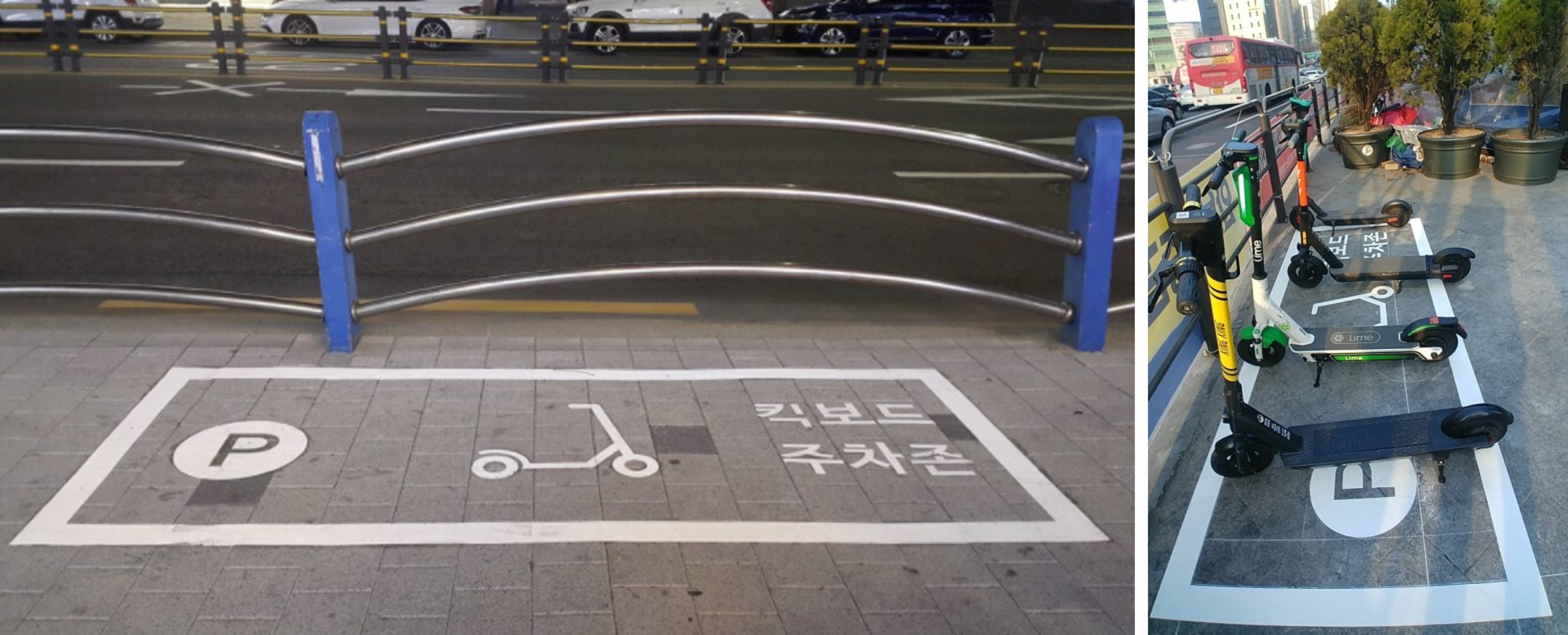 서울 서초구 전동 킥보드 주차 공간 조성 사례 (좌)벤쳐스퀘어, (우)서초구