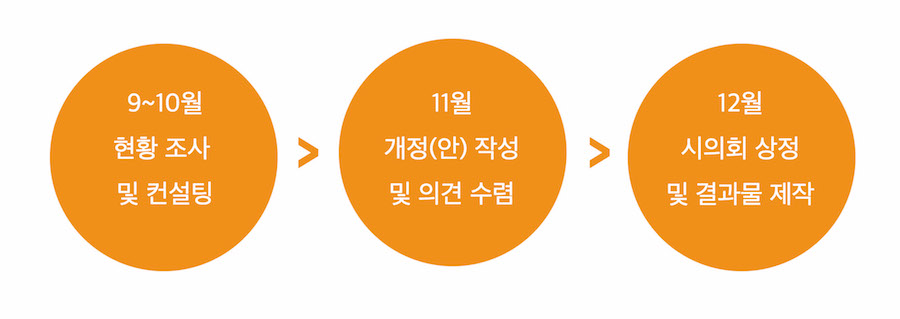 
	9~10월 현황조사 및 컨설팅 → 11월 개정(안)작성 및 의견수렴 → 12월 시의회 상정 및 결과물 제작
	