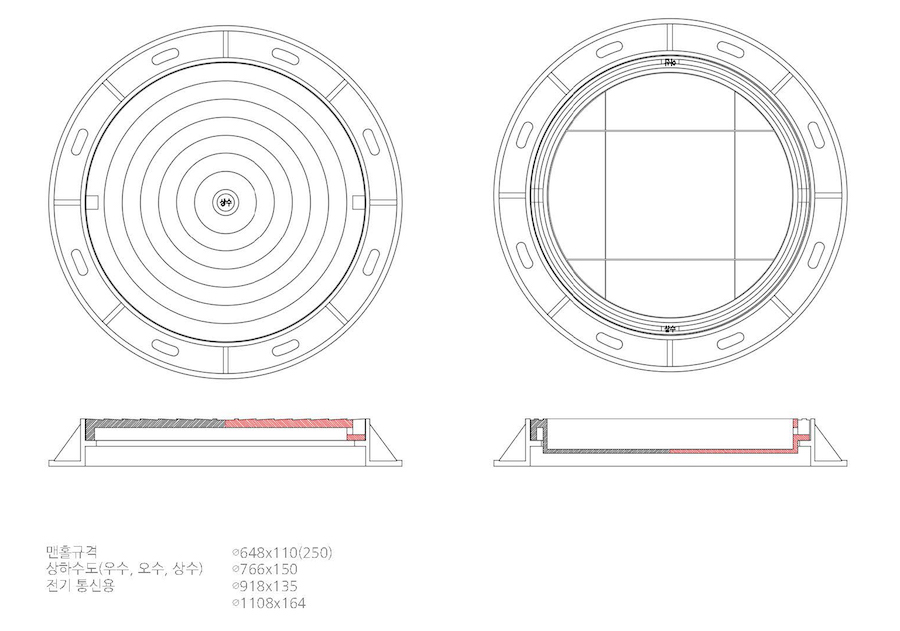맨홀 표준디자인
	- 맨홀규격 : 648x110(250)
	- 상하수도(우수,오수,상수) : 766x150
	- 전기 통신용 : 918x135, 1108x164
	