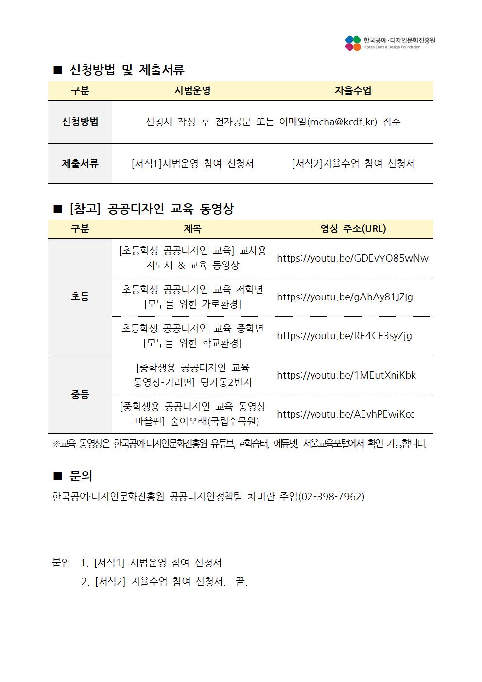 신청방법 및 제출서류 신청방법 : 시범운영, 자율수업(신청서 작성 후 전자공문 또는 이메일(mcha@kcdf.kr) 접수) 제출서류 : 시범운영([서식1]시범운영 참여 신청서), 자율수업([서식2]자율수업 참여 신청서) [참고] 공공디자인 교육 동영상 초등 : [초등학생 공공디자인 교육] 교사용 지도서 & 교육 동영상(https://youtu.be/GDEVYO85wNw), 초등학생 공공디자인 교육 저학년 [모두를 위한 가로환경](https://youtu.be/gAhAy81JZig), 초등학생 공공디자인 교육 중학년 [모두를 위한 학교환경](https://youtu.be/RE4CE3syZjg) 중등 : [중학생용 공공디자인 교육 동영상-거리편] 딩가동2번지(https://youtu.be/1MEutXniKbk), [중학생용 공공디자인 교육 동영상 마을편] 숲이오래(국립수목원)(https://youtu.be/AEvhPEwiKcc) ※교육 동영상은 한국공예디자인문화진흥원 유튜브, e학습, 에듀넷 서울교육포털에서 확인 가능합니다. ■ 문의 한국공예&middot;디자인문화진흥원 공공디자인정책팀 차미란 주임(02-398-7962) 붙임 1. [서식1] 시범운영 참여 신청서 2. [서식2] 자율수업 참여 신청서. 끝.